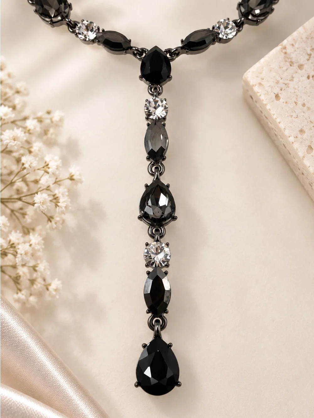 Givenchy Gunmetal Crystal Drop Y Necklace Black Faceted Rhinestones Adjustable